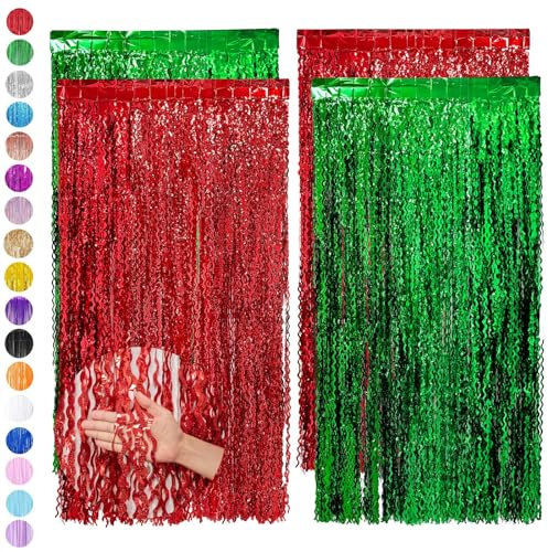 4P 3.2ft x 6.5ft Laser Foil Curtain Christmas Decoration,Red Green Wavy Tinsel Curtain Party Backdrop Glitter,Foil Fringe Streamers Metallic Tinsel Door Hanging Foil Flow Silk Streamers for Xmas Party