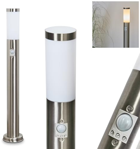HOFSTEIN Außenwegeleuchte Sessa mit Bewegungsmelder, moderne Sockelleuchte aus Metall/Kunststoff in Nickel-Matt/Weiß, Wegeleuchte 80 cm, Gartenlampe, E27, Gartenbeleuchtung IP44, ohne Leuchtmittel