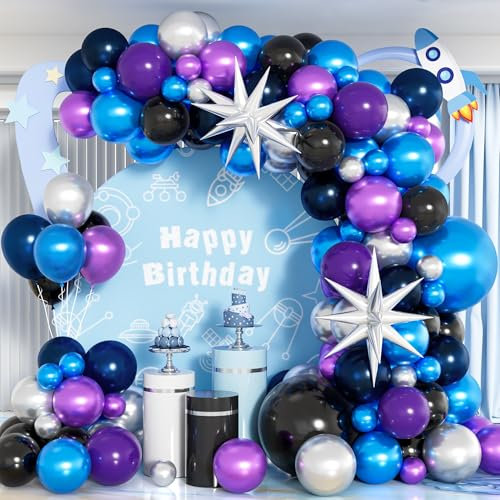 Space Balloons Arch Kit, 102PCS Navy Blue Black Purple Balloons Arch Garland Kit, Metallic Blue Silver Purple Balloons with Balloon for Men Boys Outer Space Theme Birthday Party Decor