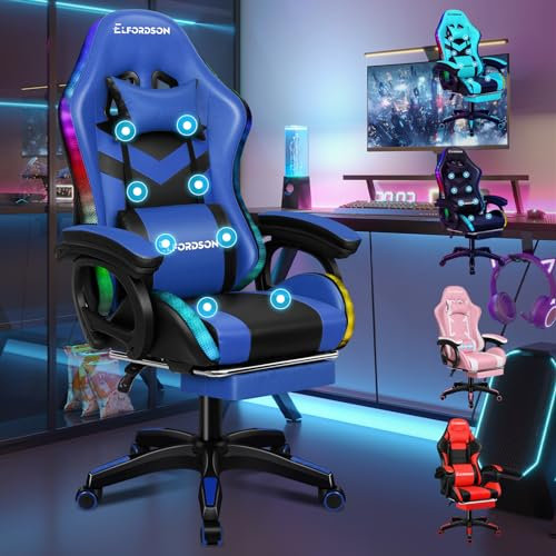 ELFORDSON LED Gaming Chair with 8-Point Massage, Office Chairs with Head Pillow Lumbar Support, Ergonomic Desk Chair with Armrests Footrest, PU Leather, Blue and Black