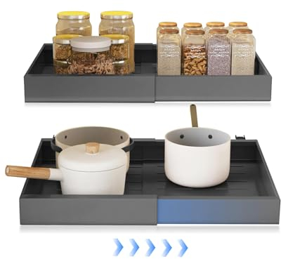 2 Ausziehbarer Schrank Organizer, Teleskopschublade Zum NachrüSten Kein Bohren Und Nageln Erforderlich Pull Out Cabinet Organizer Einstellbare Breite FüR Die KüChe Bad Wohnzimmer 32-52x42x7cm(grey*2)