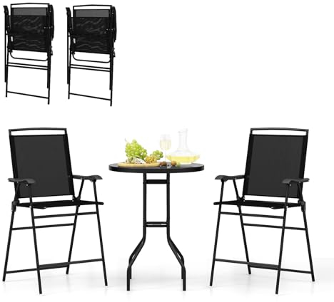 KOMFOTTEU 3 TLG. Sitzgruppe, Klappbare Gartenset inkl. 115cm hoch Gartenstühle & Gartentisch mit Schirmschloch, Klapptuhl Set Bistroset Gartengarnitur für Outdoor & Indoor