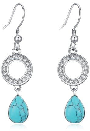 JFASHOP Türkis Ohrringe 925 Sterling Silber Türkis Zirkonia Anhänger Hängend Ohrringe Schmuck Geschenke für Damen 