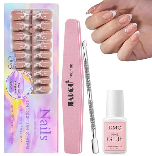 DMQ French Tip Press on Nails, 5 Styles XCOATTIPS Short Almond False Nails, 150Pcs Pre-Designed French Fake Nail Tips with Swirl, Soak Off Acrylic Glue on Nails for Women Easy DIY Nail Art