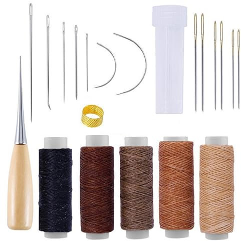21 Pieces Leather Sewing Kit, Upholstery Repair Waxed Thread Hand Stitching Tools with Waxed Thread Needles Perforation Awl Thimble, DIY Sewing Tool for Hand Stitching Carpet Furs Canvas Sofas Shoes