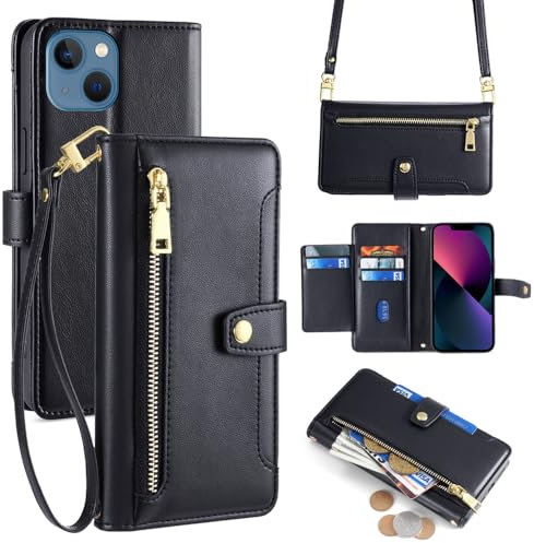 ERDARARIPRO Custodia a tracolla per Apple iPhone 11 Pro Max con cordino, custodia a portafoglio con cavalletto e cerniera magnetica [6 scomparti per carte e 1 slot per contanti] Folio in pelle vegana