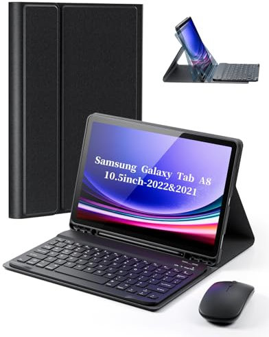 TUNKARMOR Case Keyboard for Samsung Galaxy Tab A8 10.5 inch 2022 2021 Built-in Pencil Holder with Mouse - Black