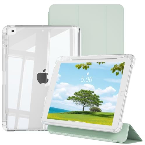 GKABXY for iPad 9th/8th/7th generation Case (2021/2020/2019) 10.2 inch, Sliding Detachable Clear Back shell Case with Pencil Holder, support DIY back, Multi angle stand, Auto Wake/Sleep, light green