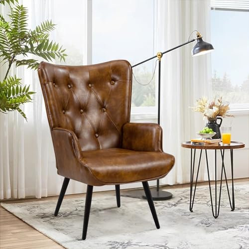 Ckaff Ohrensessel Sessel Wohnzimmer, Skandinavischer Stil Relaxsessel PU-Kunstleder mit Hoher Rückenlehne Loungesessel Polstersessel fürs Wohnzimmer Schlafzimmer Arbeitszimmer Gästezimmer, Braun