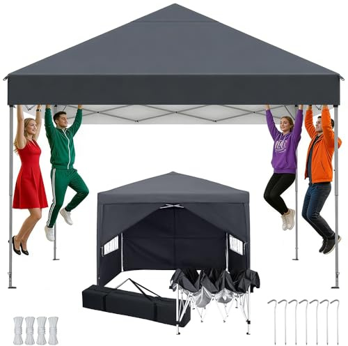 Tonnelle de Jardin Pliable de 3-Hauteur Réglable, Tente Pliable Imperméable avec 3 Parois Latérales, Pavillon Protection UV, Tente de Jardin-Fête-Plage-Camping-Marché, Tonnelle Pop-up 3x3, Anthracite