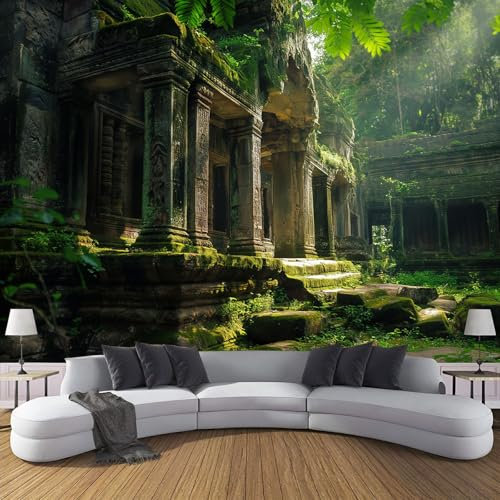 Fototapete Tapete Dschungel Alter Tempel, 450X315Cm (B×H) Foto Tapete Schlafzimmer Wohnzimmer Seidenstoff Wandtapete, Natur Geschichte Motivtapeten Bildtapete 3D Effekt Wand Dekoration