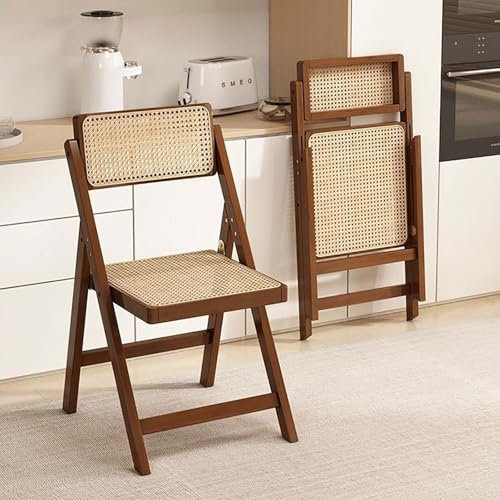 Rattan-Klappstuhl, Tragbare Esszimmerstühle für den Innenbereich, Mid-Century Vintage Holzstuhl mit Rattan-Imitat-Rückenlehne, Stapelbarer Zusatzstuhl Walnuss