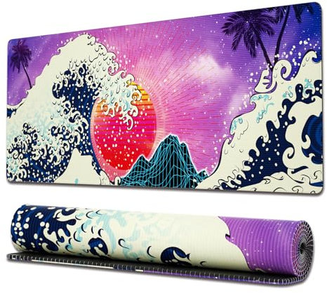 Ovenbird Gaming Mouse Pad with Stitched Edges, Japanese Great Wave Large Mouse Pad, Extended XL Anime Mousepad Gaming with Anti-Slip Base, 31.5 x 11.8 in, Purple