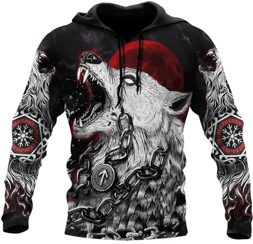 Wikinger Tattoos Angeketteter Fenrir Wolf Herren Pullover Hoodie Nordischer Odin Rabe Lässiges Langärmeliges Sweatshirt Vintage Straßenjacke(Fenrir Wolf Hoodie,XL)