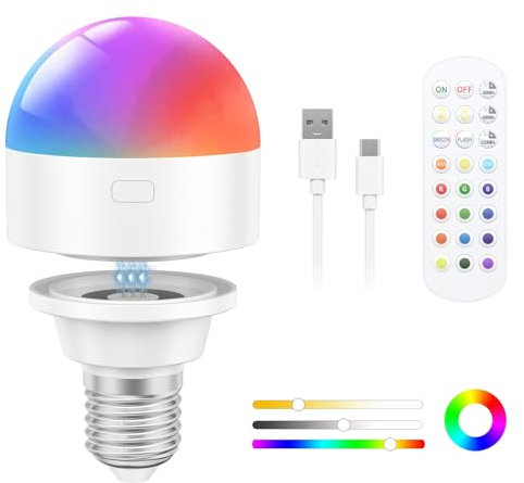 Oumida USB-C Wiederaufladbare Glühbirne mit Fernbedienung, E27 RGB Farben LED Glühbirne mit Batterie, 3W Touch Control Akku Glühbirne Mit Timing-funktion, Notlicht Mit Magnetische (Weiß)