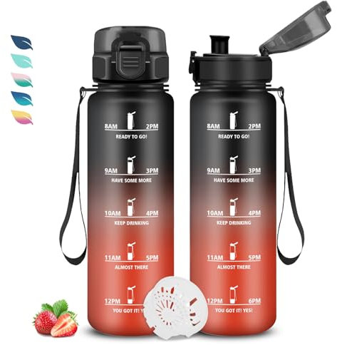 Gourde 1l, Gourde Sport, Gourde Anti-Fuite, Gourde Motivation, Gourde Adulte avec Slogan de Motivation, Gourde Graduée pour 1 Journee, Facile à Nettoyer, Bouteille pour Running, Voyage, École, Yoga