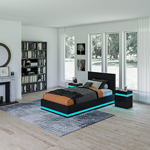 Komtopod Ottoman Bed with Faux Leather, 3ft Single Gas Lift Up Bed Frame with Underbed Storage, LED-Light Strips, Black Bed Frame 90 x 190cm