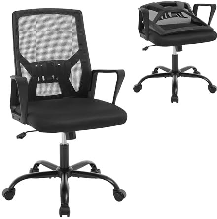 Klihome Ergonomischer Bürostuhl, Computerstuhl mit Faltbarer Rückenlehne, Höhenverstellbarer Arbeitsstuhl Drehstuhl, Netzstuhl mit Wippfunktion, Schwarz