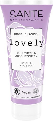 SANTE Naturkosmetik Aroma Lovely Gel douche au parfum floral de rose et de jasmin, apaisant et équilibrant, cosmétique naturel végétalien sans parfums synthétiques, 200 ml