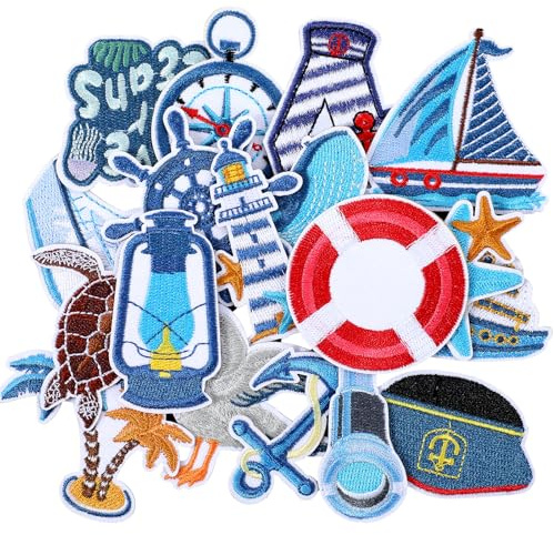 18PCS Coastal Iron On Patches, Blue Embroidered Patches, Cute Sea Beach Aesthetic Applique Patch for Clothing Jackets, Jeans, Hats, Shoes and Backpacks Decoration