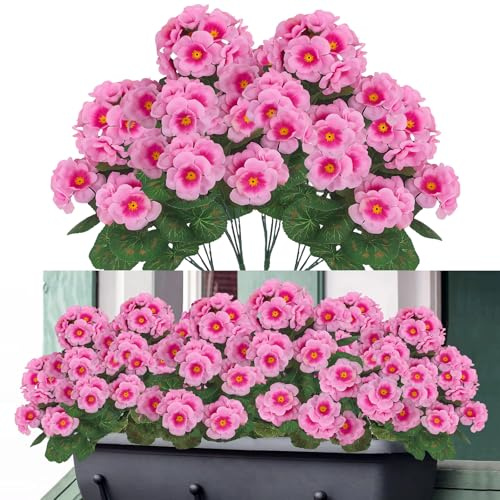 Geranien Künstlich für Draussen - 4 Bündel Künstliche Geranien Seidenblumen, Kunstblumen Outdoor Wetterfest, Kunstblumen Balkon Geranie Blumen Dekoration Faux UV-beständig für Innen Außenbereich Rosa