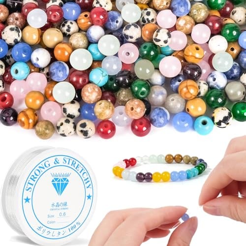 RUBY 120 Stück 6mm Bunte Naturstein Perlen Rund, Edelsteinperlen zum Auffädeln für Armbänder Selber Machen mit Elastischem Schmuckfaden