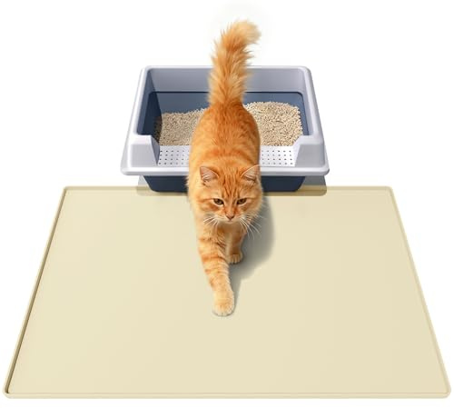 Soft Silicone Cat Litter Mat 60 X 40 cm, Waterproof Easy Clean,Beige | No Slip Litter Tray With Raised Edge, Durable Cat Mat For Indoor Floor, litter box