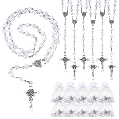 ORIGACH 24 Stück weiß Perlen Rosenkranz Set mit Organzabeutel | Katholischer Gebetsrosenkranz mit St. Benedikt Medaille und Kruzifix, Geschenk für Erstkommunion Taufe und religiöse Anlässe