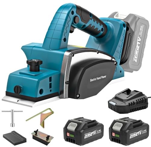 Yofuly Pialla Elettrica per Legno per Maa-kita 18V Batteria, 2×4,0Ah Batteria, Piallatrice per Legno –15000Giri/min, Larghezza Taglio 82mm, Profondità Regolabile 0-2mm, per la Lavorazione del Legno