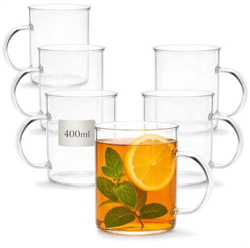 com-four® 6x Teegläser mit Henkel, 400 ml Kaffeeglas aus Borosilikatglas | robuste Gläser für Kaffee - Tee - Säfte