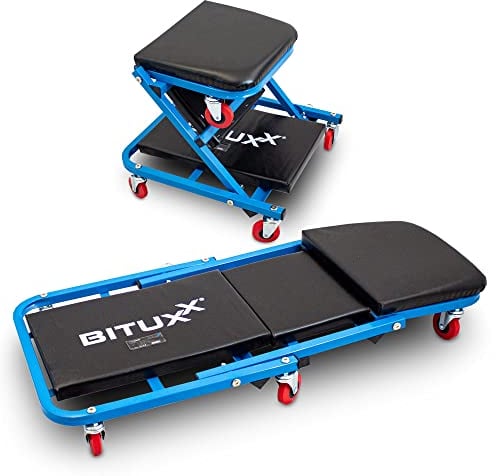 BITUXX® Werkstatt-Rollbrett Werkstattliege Montageliege Montagerollbrett Sitz als Liege oder Werkstatthocker/Klappsitz verwendbar