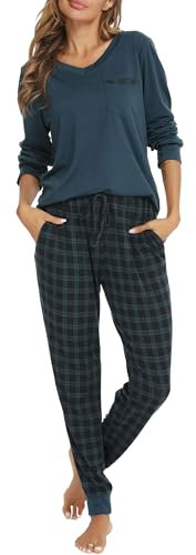Vlazom Pyjama Femme Hiver Ensembles de Pyjama à Manche Longue Col en V Vêtements de Nuit à Carreaux Chaud Long,A-Vert Foncé,M