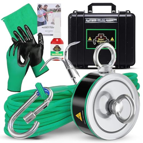 2000LB Pull Force, Magnet Fishing Kit | Complete Double Sided Fishing Magnetic Kit with Case | Includes Strong Neodymium N52 Magnet, Durable 65ft Rope, Carabiner, Gloves, Grappling Hook & Carry Case