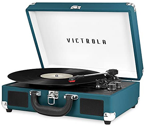Victrola Tocadiscos de Maleta portátil Bluetooth Vintage de 3 velocidades con Altavoces Integrados, Sonido de Audio Mejorado para Tocadiscos, Coral Azul