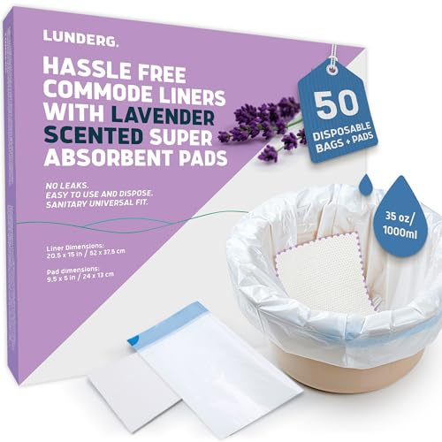 Lunderg Commode Liners & Absorbent Pads - Lavender Scent 50 Bags | Medical Grade Universal Fit Disposable Bedside Commode Liners & Pads for Adult Chairs, Portable Buckets & Camping Toilet Bags