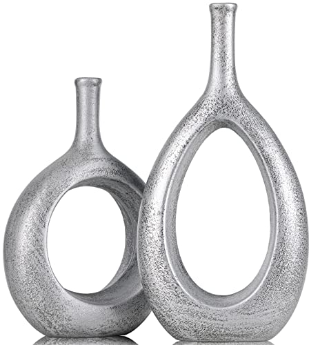 Vintage Silber Keramik Vase Satz von 2 für Moderne Home Decor,Runde Matte Vasen für Pampasgras, Neutral Boho Nordic Minimalismus Stil Blumenvasen,Zimmer Deko für Geschenk