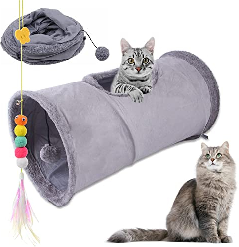 Faltbar Katzentunnel Katzenspielzeug mit Ball Spieltunnel Knisternder Rascheltunnel Aus Wildleder für Alle Katzen Kaninchen Welpen und Kleine Tiere,Mit Hängendem Lustiger Katzenstock(Grau)