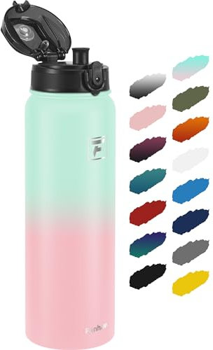 Fanhaw 1L Trinkflasche Edelstahl mit 1 Deckel (Chug Deckel) - Für Schule, Kinder, Frauen, Männer | Auslaufsicher & Schweißfest mit Anti-Staub Deckel (Grün Rosa)