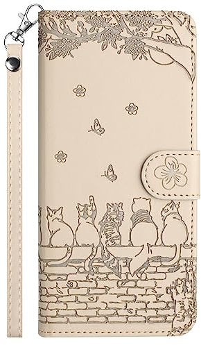 Aisenth Case for iPhone XR (6.1 inch), Embossed Cute Cats, Butterfly, Flower PU Leather Magnetic Wallet Flip Case Protective Cover with Stand function, Card Slots (Beige)