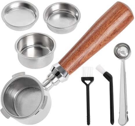 Rinwywey Porte-filtre 51 mm avec panier filtrant 1/2/4 tasse, porte-filtre sans fond 51 mm, panier à café en acier inoxydable avec poignée en bois pour expresso, porte-filtre compatible avec DeLonghi