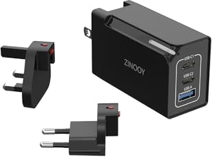 Cargador USB C Zinooy 65W, Adaptador de Alimentación GAN Tipo C Multipuerto con Enchufe de EE.UU. UE Reino Unido para Viajar, Bloque de Cargador de Pared Rápido PD 3.0 para MacBook, iPhone