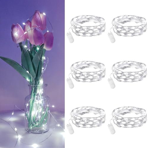Etopgo Fairy Lights CR2032 Battery Operated,6 Pack 2 Meter 20LEDs Micro Waterproof Copper Wire String Lights for Bedroom Christmas Party Wedding Decoration (Cool White)