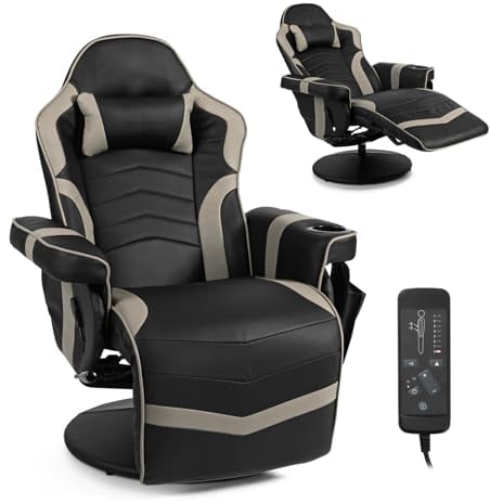 Multigot Massage Ergonomic Chair, High Back Swivel Gaming Chair with Footrest, Cup Holder, Headrest and Armrest, Adjustable Reclining Office Chair for Home Office (Grey)