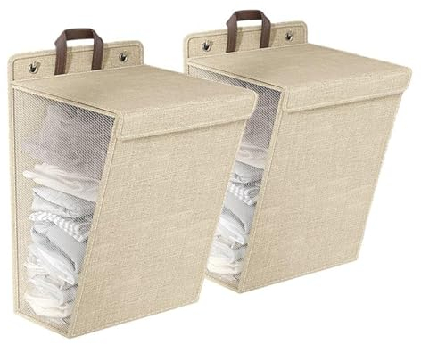 Esoes 2 Pack Wäschekorb Faltbar 60L Wäschesammler, Wäschekorb mit Deckel Griffen, Mesh-Design Aufhängbar Wäschekorb für Badezimmer, Schlafzimmer-Beige