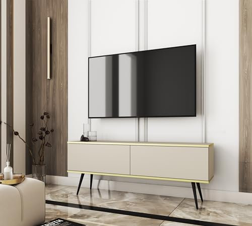 3E 3xE living.com Meuble TV en Couleur Beige avec Pieds en Noir, D : L : 135 cm, H : 53 cm, P : 32 cm