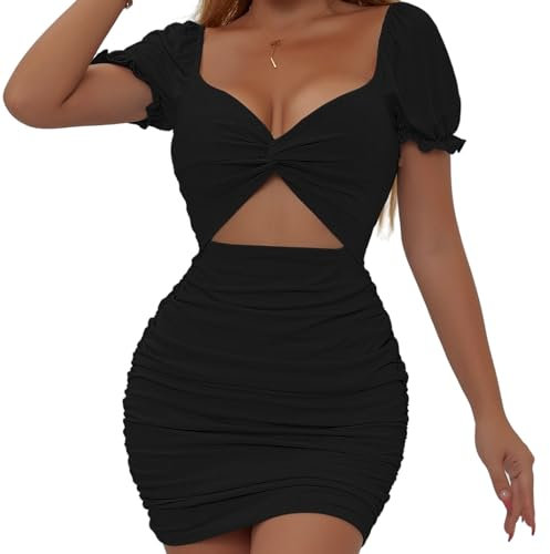 Belriviere Womens Sexy Mini Dress Bodycon Ruched Cutout Puff Sleeve Twist Front Short Dresses for Party Night Out Clubwear L Black