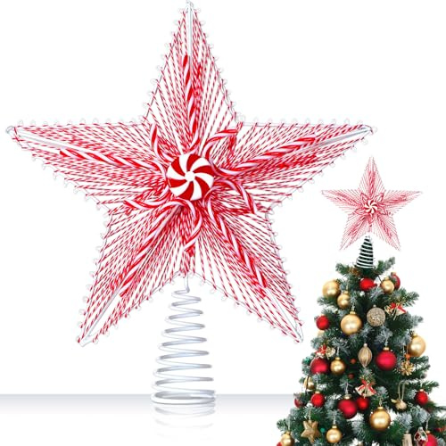 Yalikop 11'' x 12.2'' Christmas Star Tree Topper Peppermint Star Treetop Christmas Candy Tree Topper Candy Cane Christmas Tree Top Xmas Tree Decorations Candy Themed Party Supplies(Red, White)