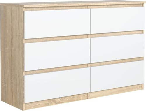 meble masztalerz Commode 140 cm, 6 tiroirs Sonoma & Blanc | Commode Chambre 138,5x78,5x39 cm, Meuble de Rangement Salon Classique, Spacieuse et Design
