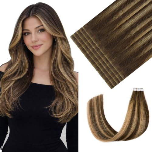 Youngsmile Invisble Tape Extensions Echthaar Braun 30g 20pcs #4/27/4 35cm | Balayage Ombre Braun Karamellblond, Invisi Edge Tape Extensions Echthaar, Seidig Weich, Remy Natürlicher Haarverlängerung