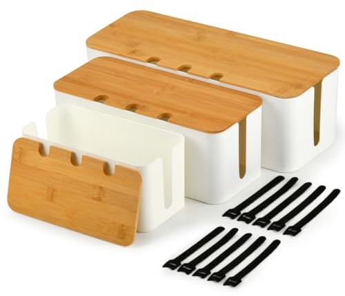 BOPEUY 3 Piezas Caja Organizadora Cables, Caja Organizadora de Cables con Tapa de Bambú, Organizador Cables Caja con Agujeros Arriba y a Los Lados, Caja Cables, para Hogar y Oficina - Blanco, L/M/S